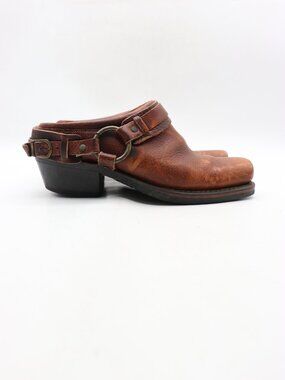 Vintage Frye Harness Mules Women's 8.5 M Brown Leather Clogs Belted Western USA